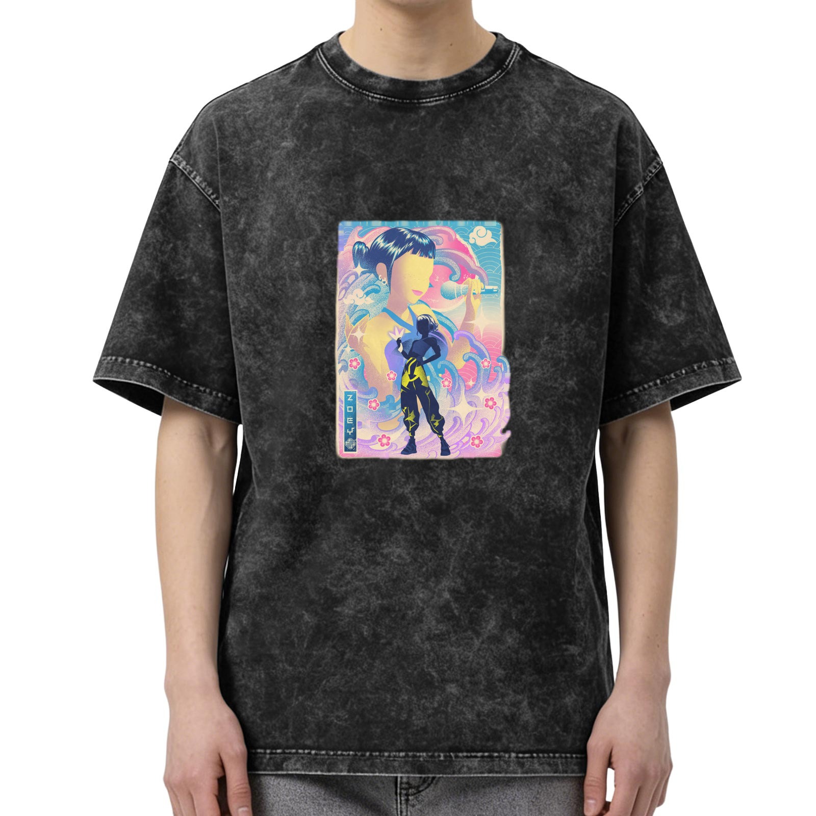 Oversized Acid Wash T-Shirt with Anime Singer Graphic Print