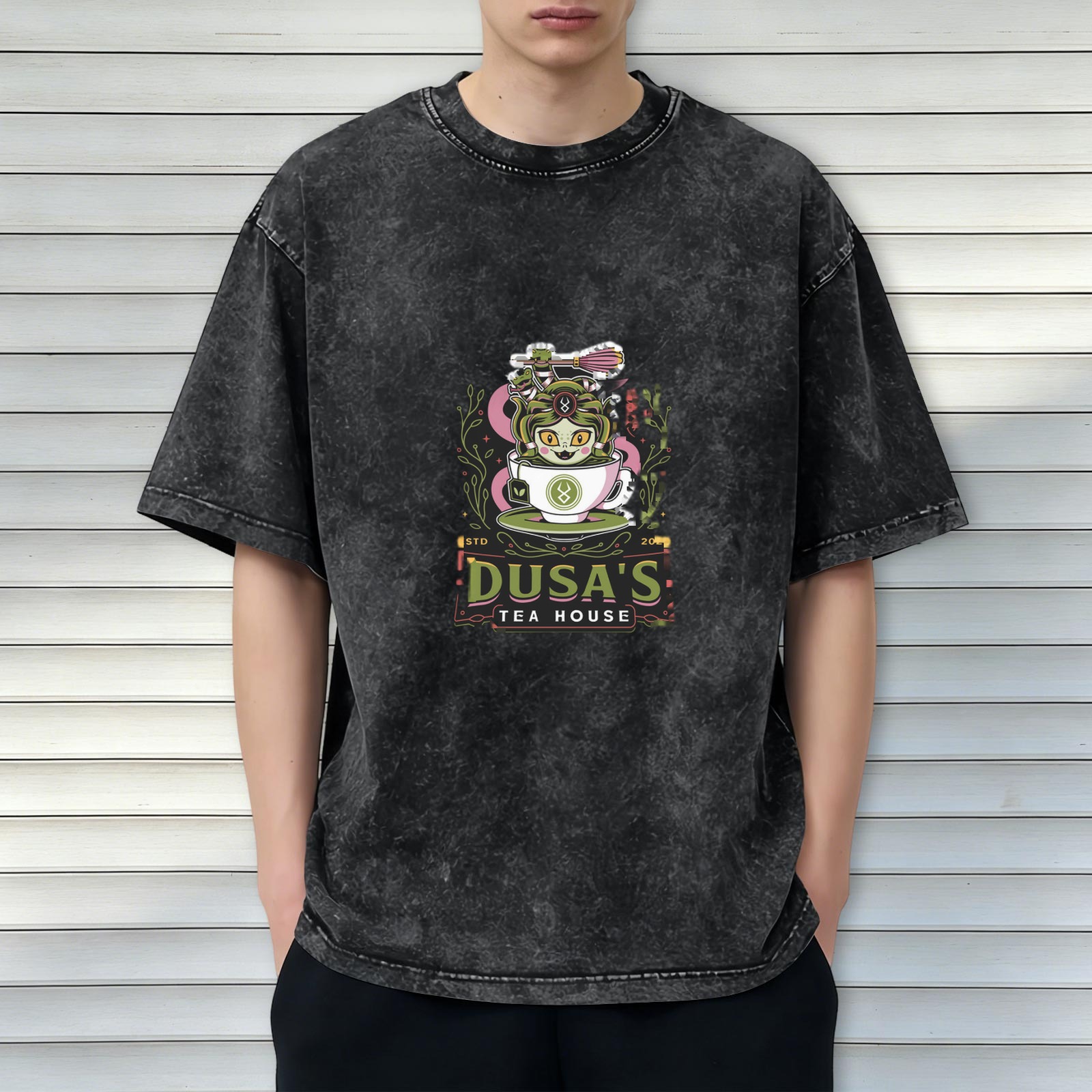 Dusa's Tea House Graphic Washed Black T-Shirt
