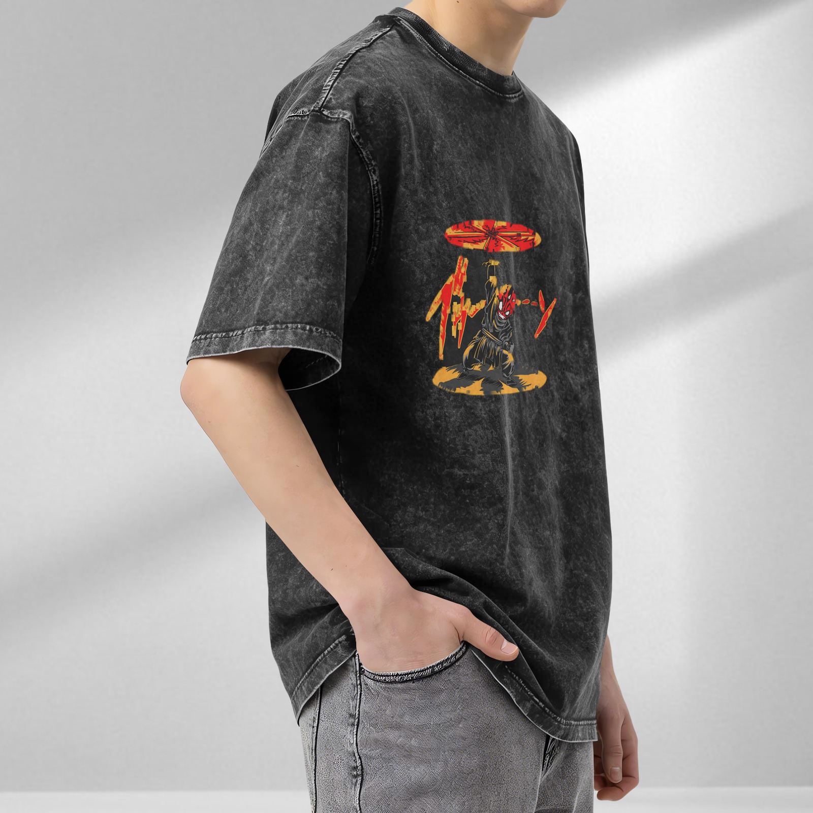 Oversized Acid Wash T-Shirt With Ninja Warrior Graphic Print