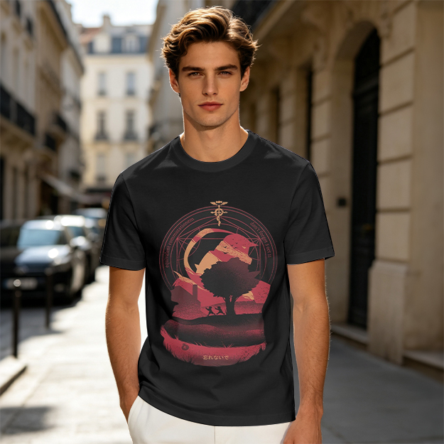 Olive t-shirt with Fullmetal Alchemist inspired sunset landscape print