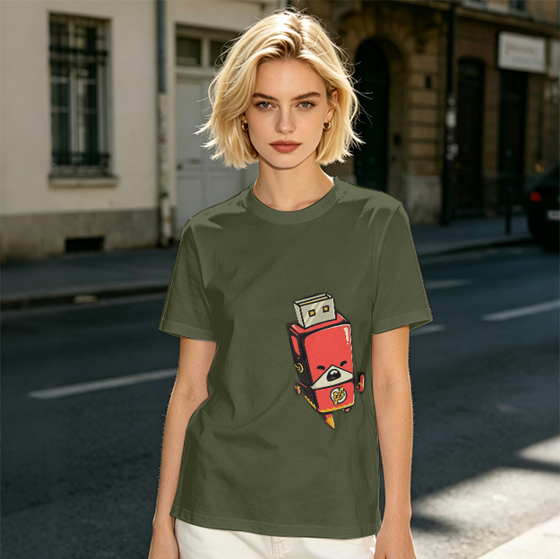 Olive T-Shirt With Cartoon USB Flash Drive Character Print