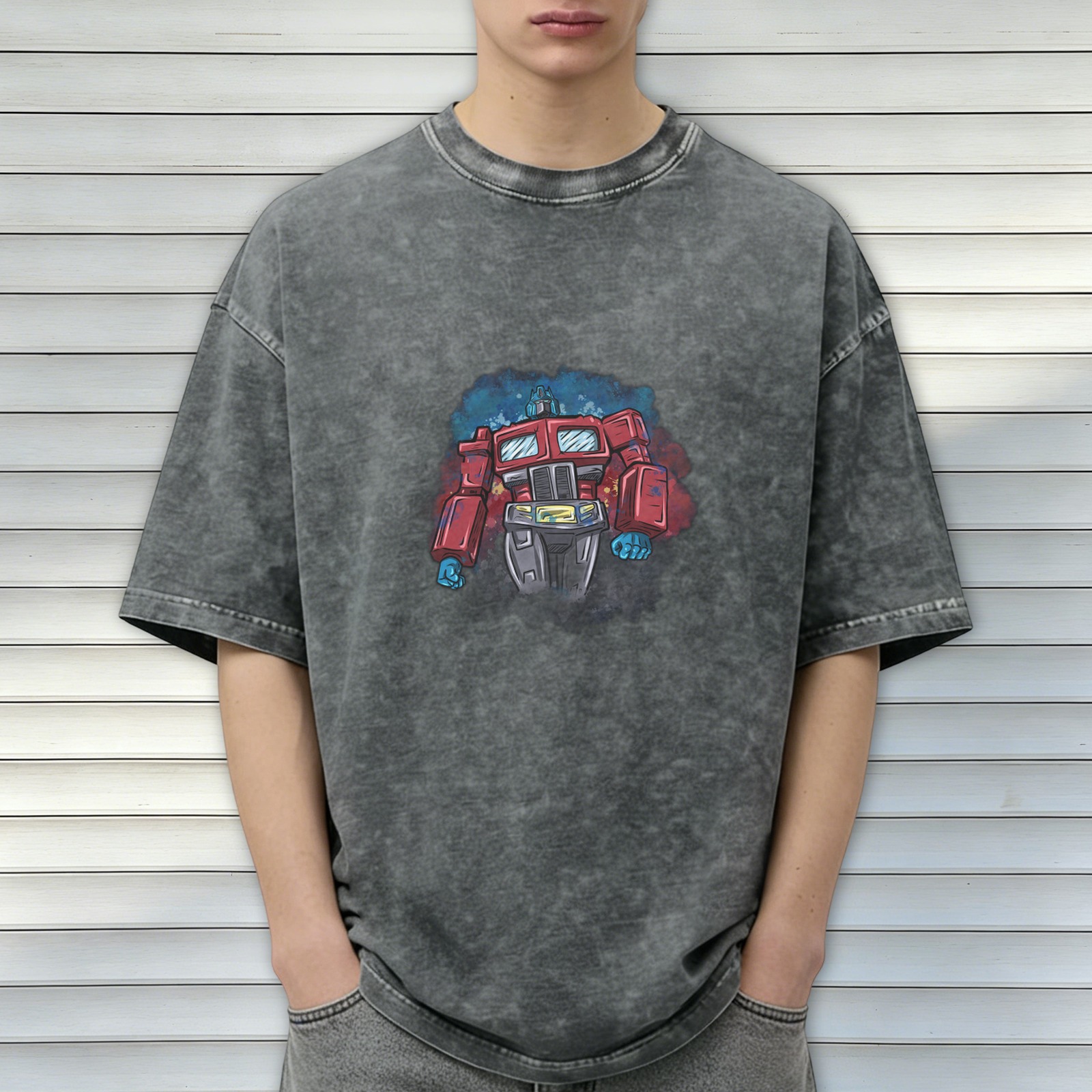 Washed Black T-Shirt With Retro Robot Graphic Print