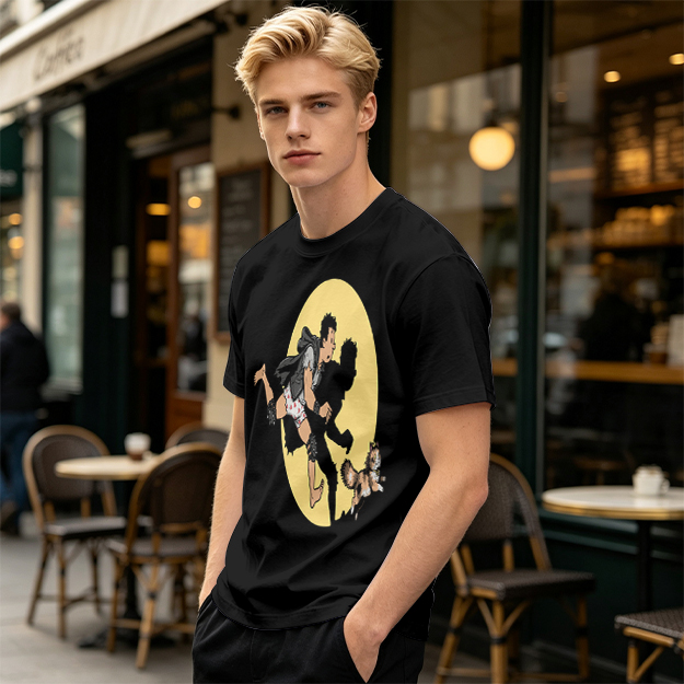 Olive T-Shirt With Cartoon Running Figure And Shadow Print