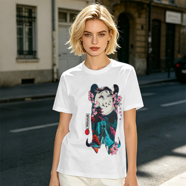 Olive T-shirt with Japanese-inspired moon and cherry blossom graphic
