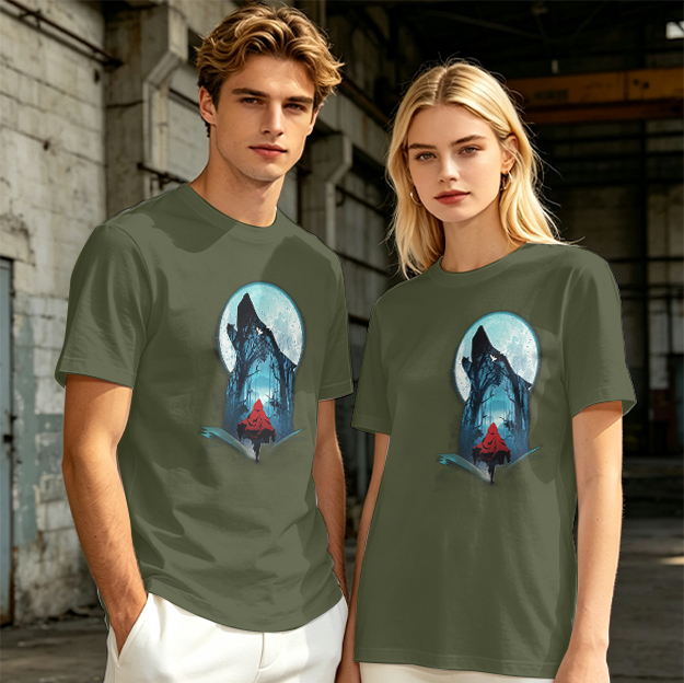 Olive T-Shirt With Red Riding Hood Wolf Moon Graphic
