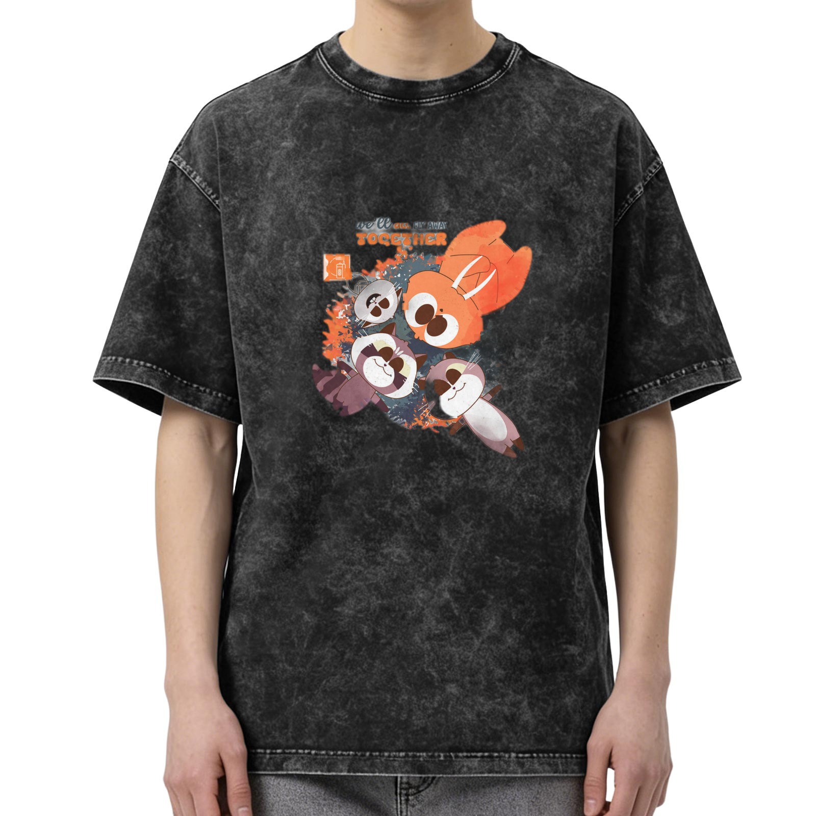 Washed Black Cartoon Animal Graphic Oversized T-shirt