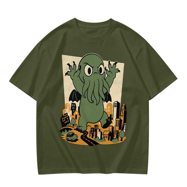 Olive T-shirt with cartoon Cthulhu monster destroying cityscape print