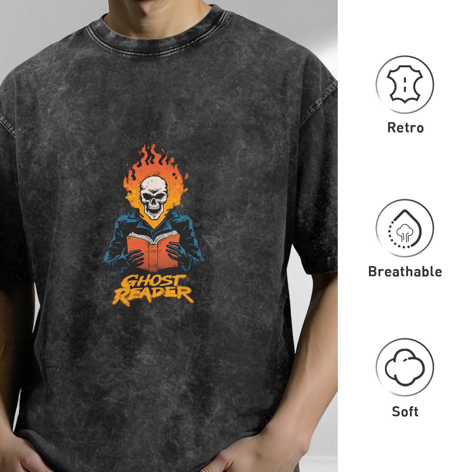 Oversized Acid Wash T-Shirt With Ghost Reader Skull Flame Print