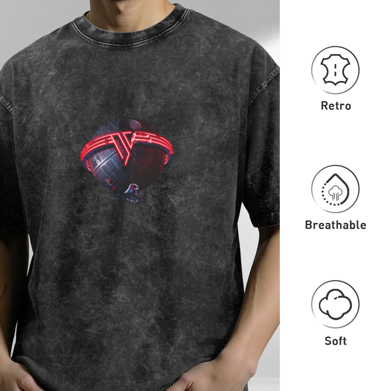 Distressed washed black loose short-sleeved T-shirt Star Wars themed print