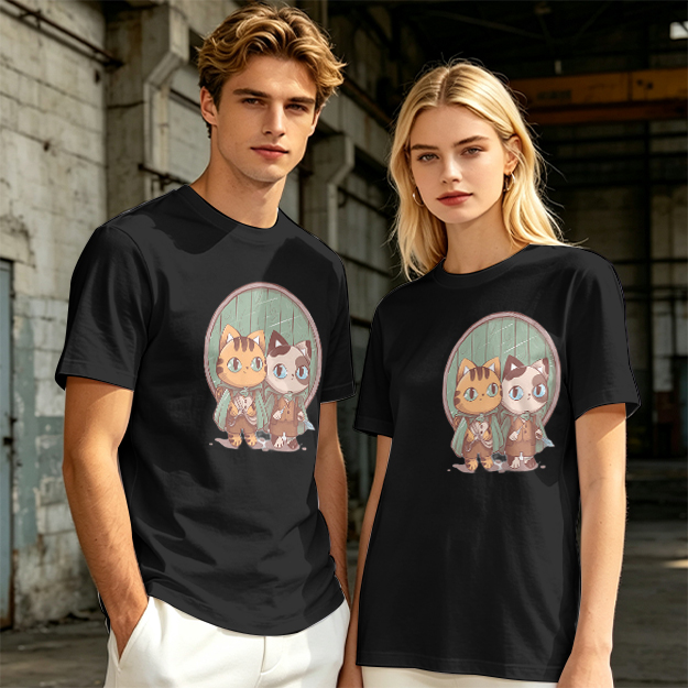 Olive Green T-Shirt With Cute Cat Fantasy Character Print