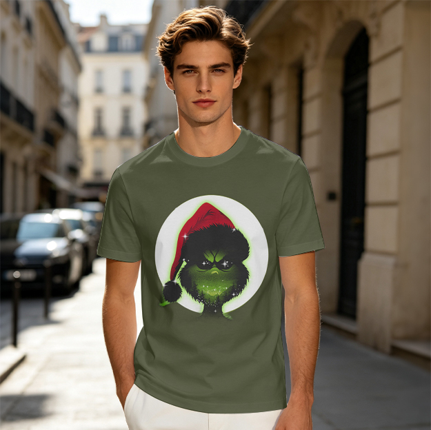 Olive Green T-Shirt With Grinch Wearing Santa Hat Graphic