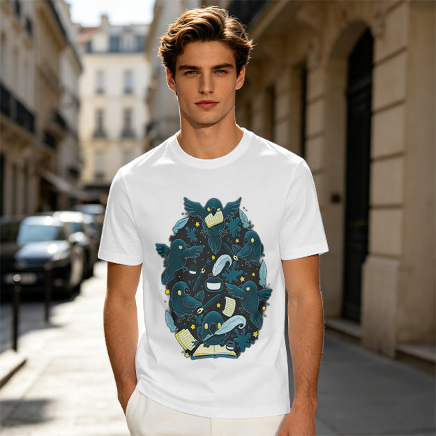 Olive T-Shirt With Whimsical Crow And Stationery Print