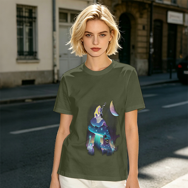 Olive T-Shirt with Alice in Wonderland Galaxy Mushroom Art