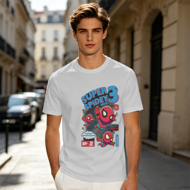 Olive T-shirt with Super Spidey 3 Chibi Spider-Man Graphic