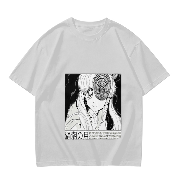 Olive anime graphic t-shirt with spiral eye design
