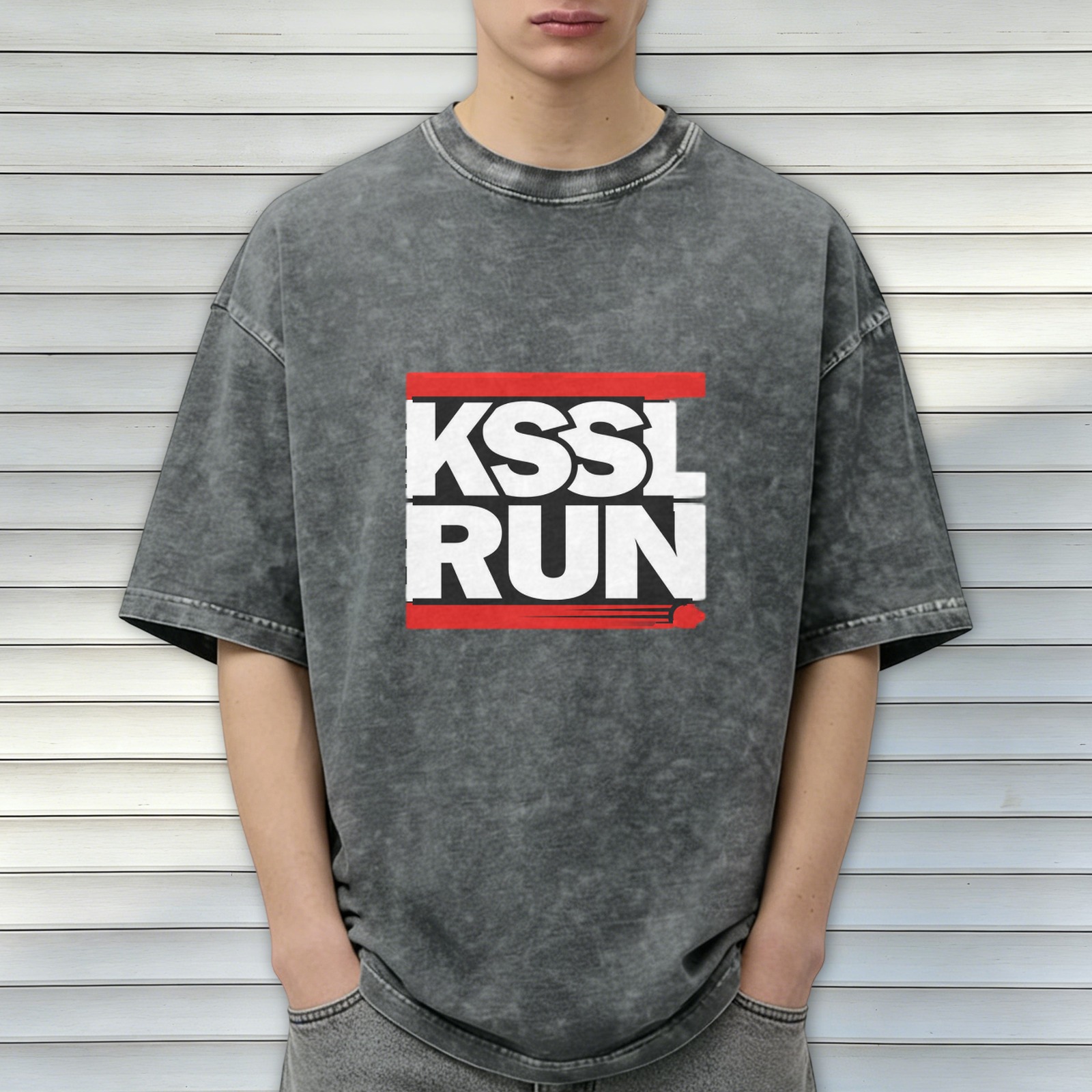 Oversized acid wash t-shirt with KSSL RUN graphic print