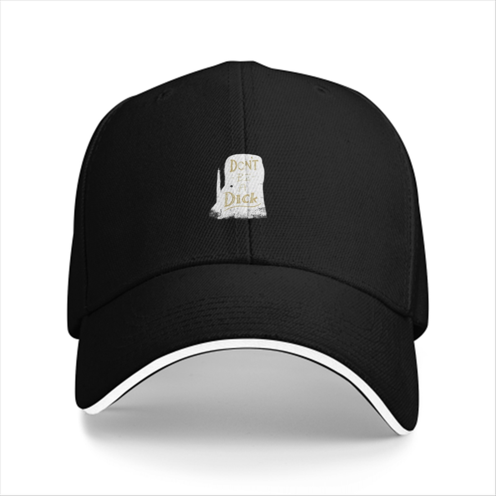 Black baseball cap with humorous tombstone graphic print
