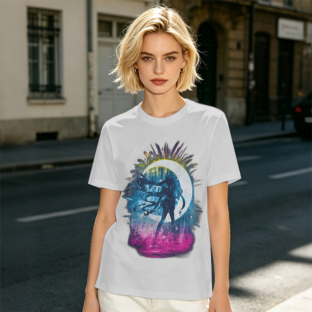 Olive T-Shirt with Crescent Moon Anime Character Silhouette Art