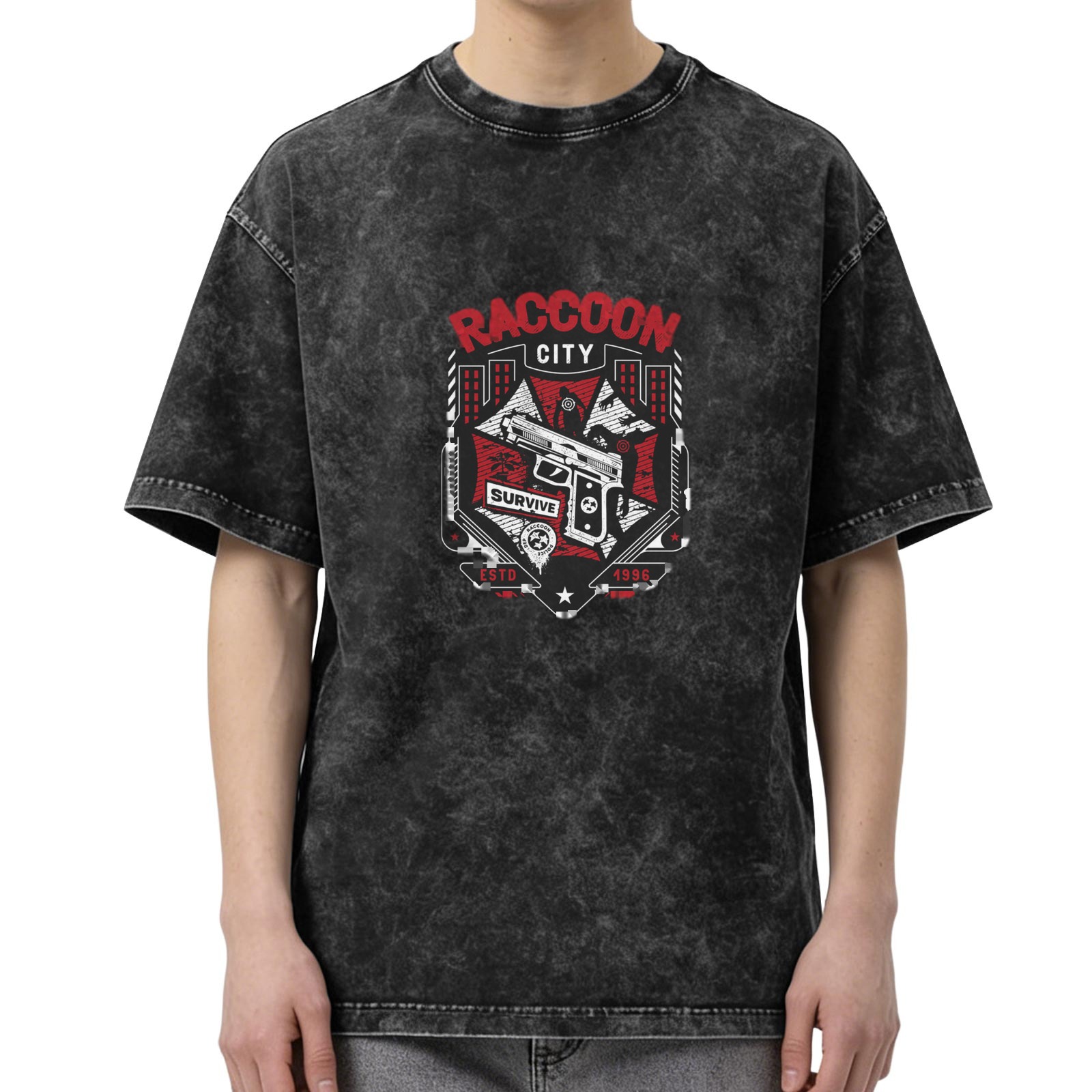 Raccoon City Survive Graphic Acid Wash Black T-Shirt