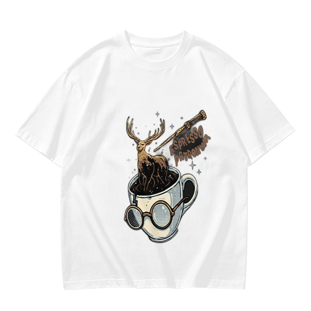 Olive T-Shirt with Espresso Patronum Deer Coffee Cup Art