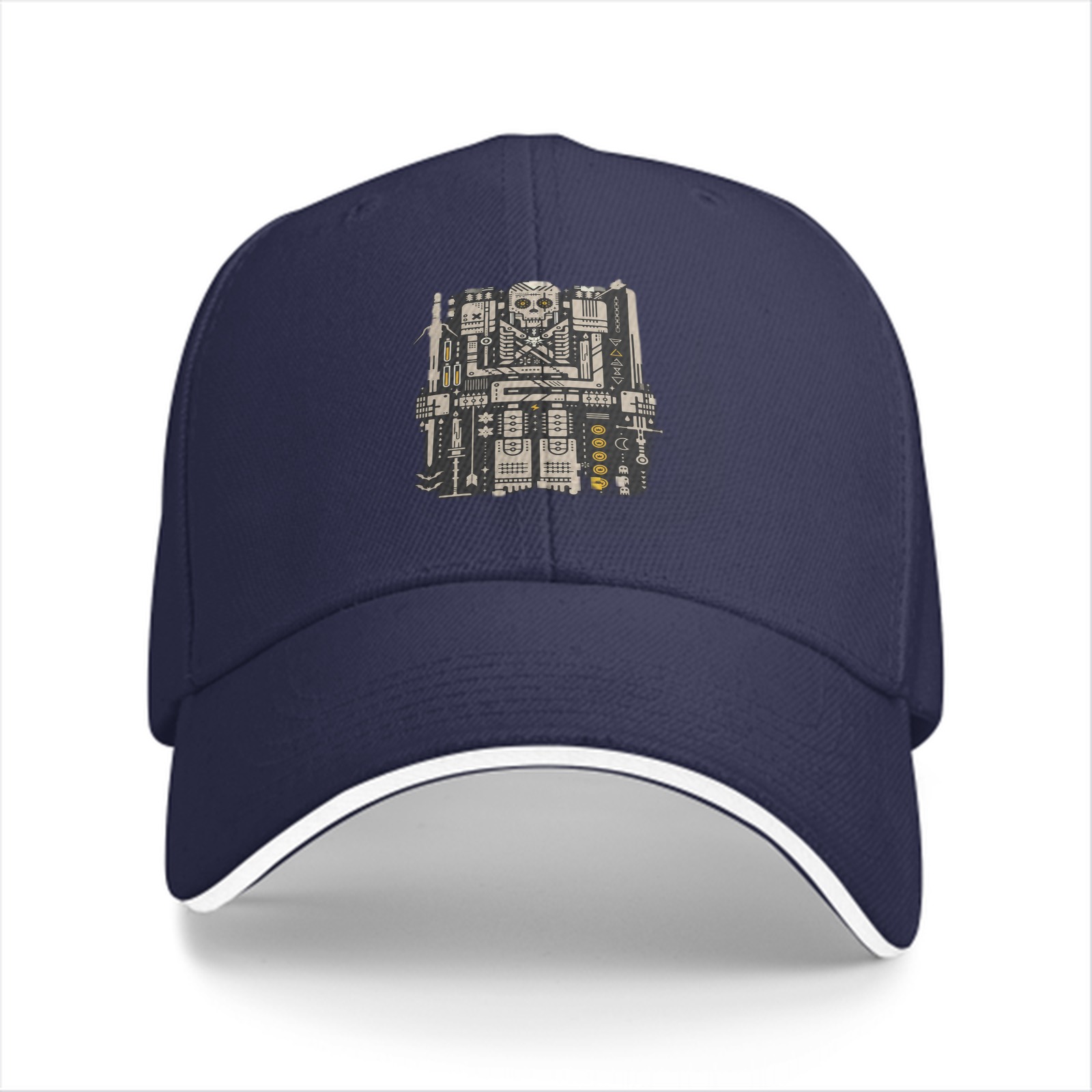Black Baseball Cap With Cybernetic Skull Circuit Artwork