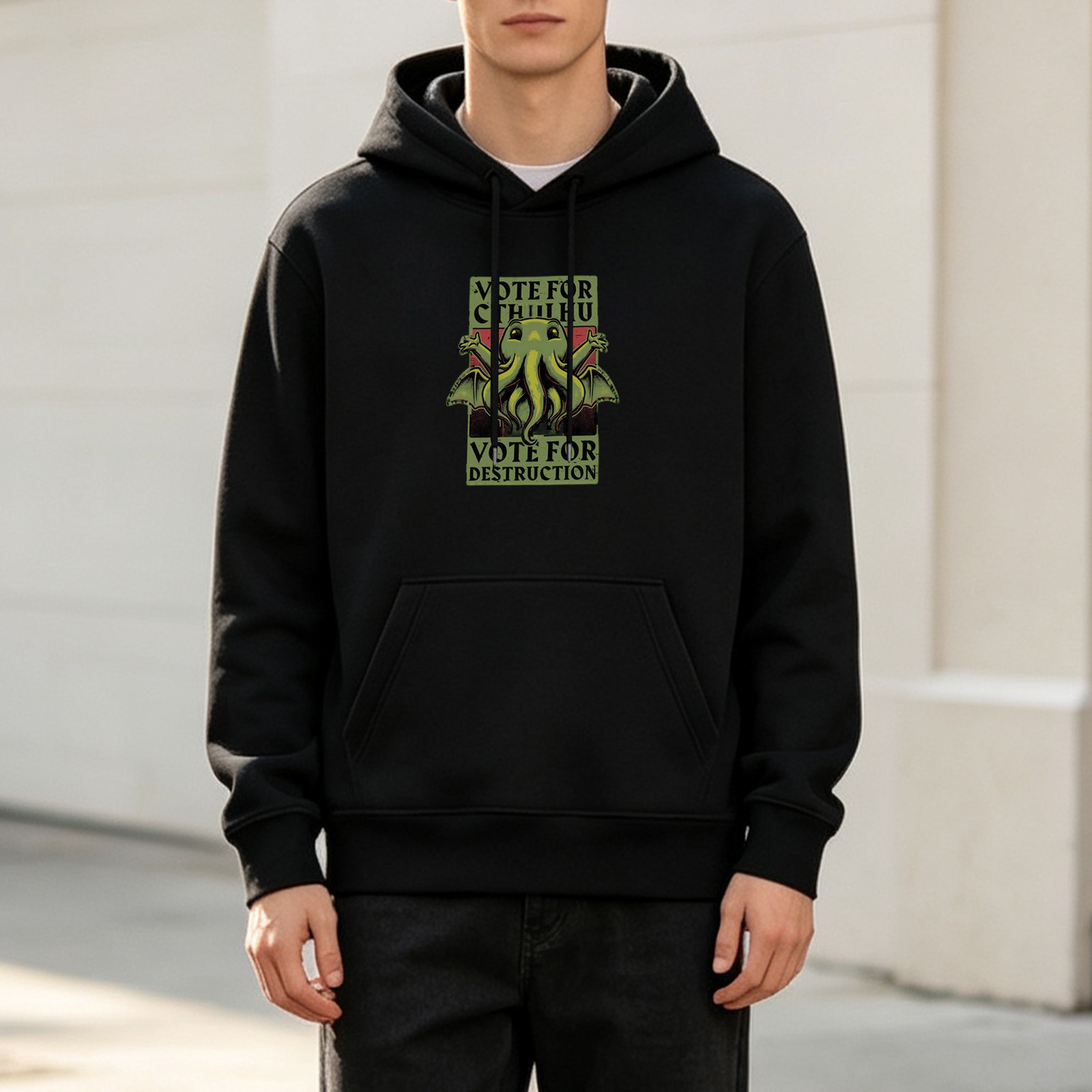 Vote For Cthulhu Hoodie With Destruction Themed Graphic