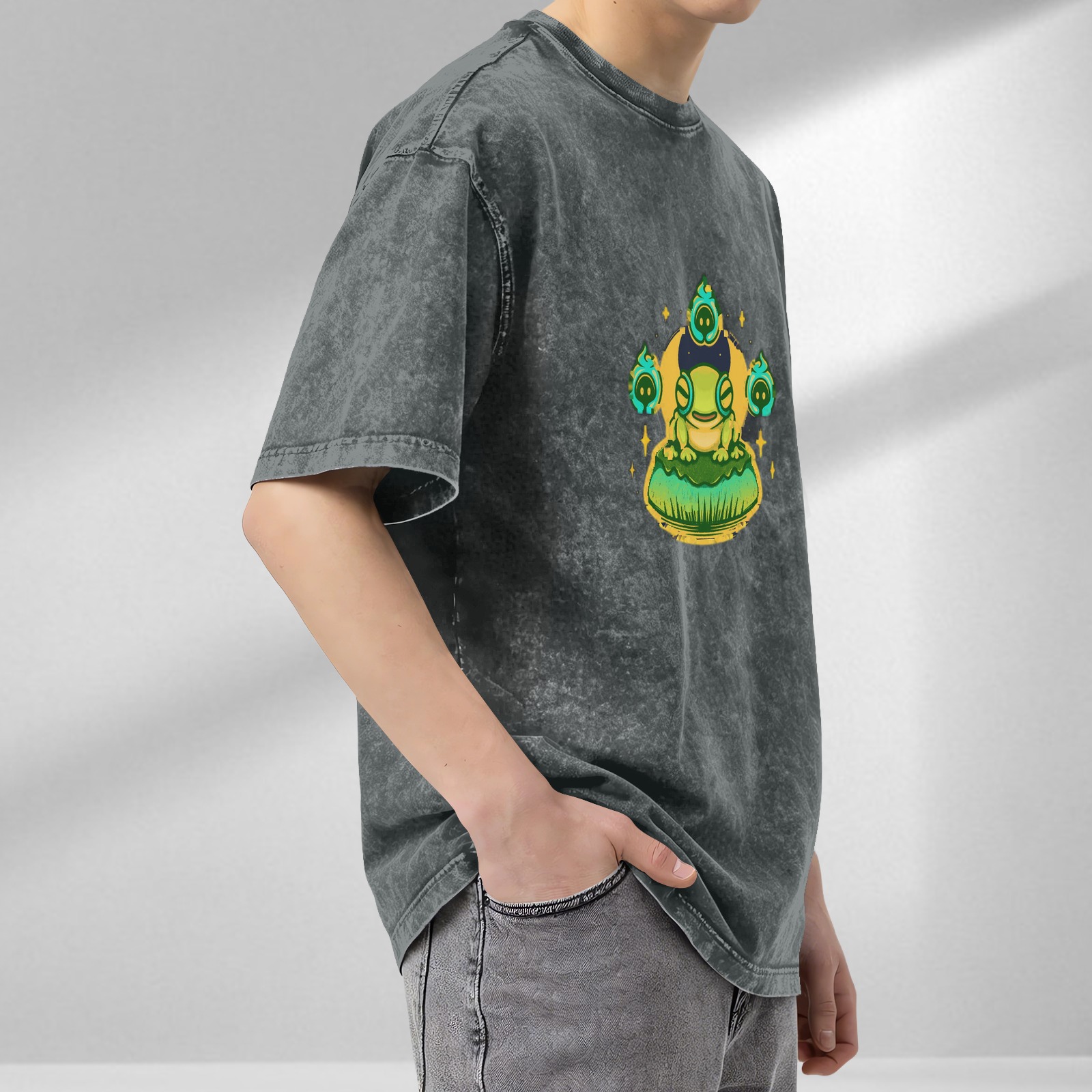 Oversized Acid Wash T-Shirt with Cute Frog and Ghost Flames Graphic