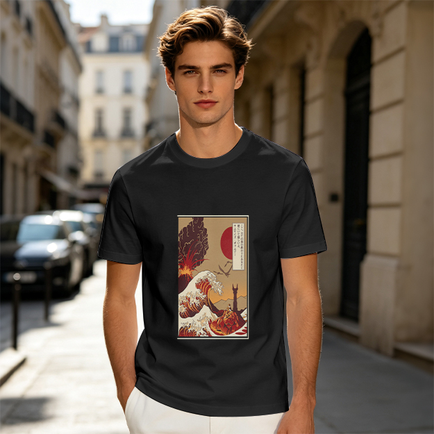 Olive T-Shirt with Ukiyo-e Style Wave and Volcano Print