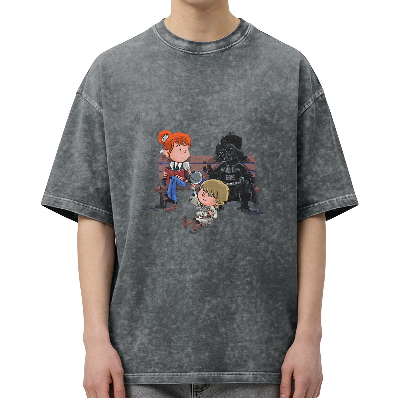 Washed black t-shirt with cartoon Star Wars characters graphic