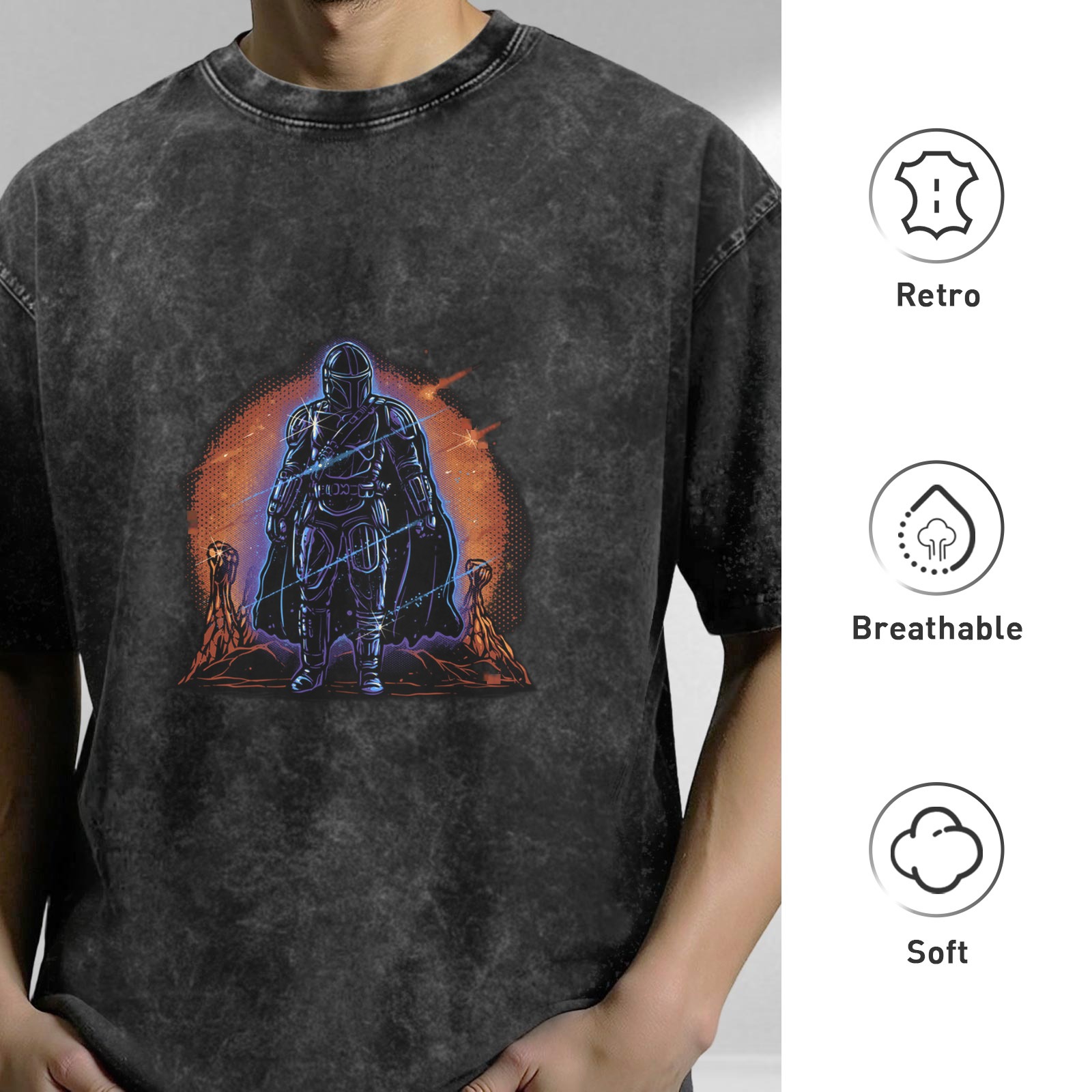 Washed Black T-Shirt With Sci-Fi Bounty Hunter Desert Print
