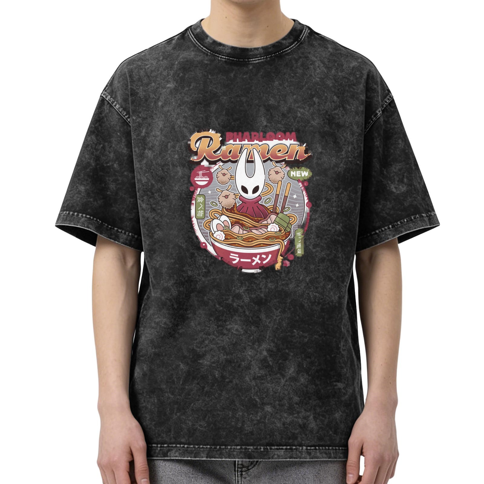 Oversized Acid Wash T-Shirt with Hollow Knight Ramen Graphic