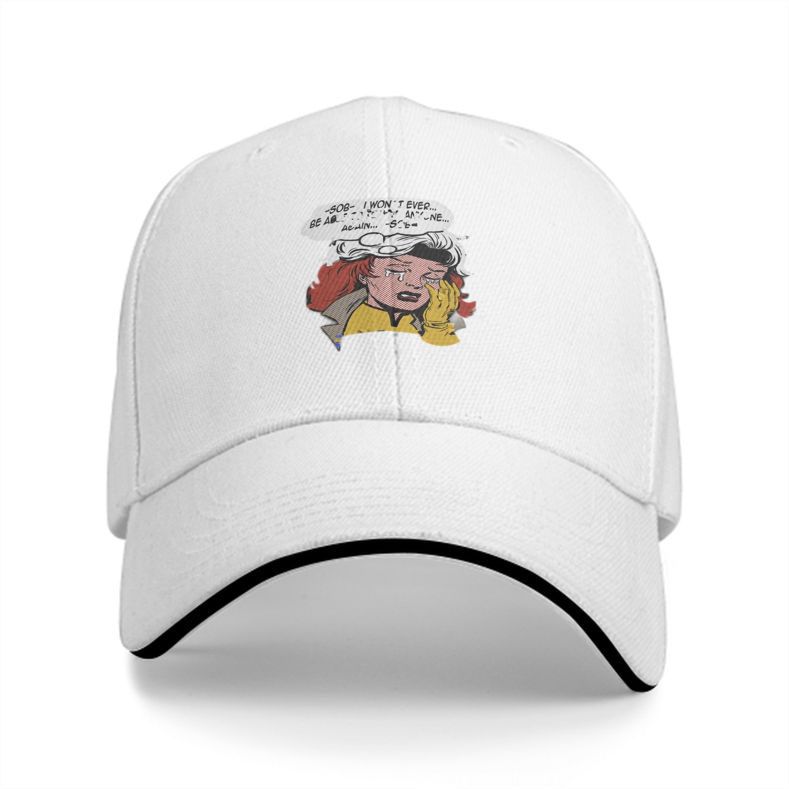 Black baseball cap with crying comic character print