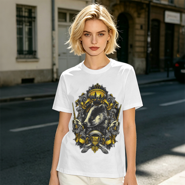 Olive T-shirt with Badger Crest Magical Artwork Print