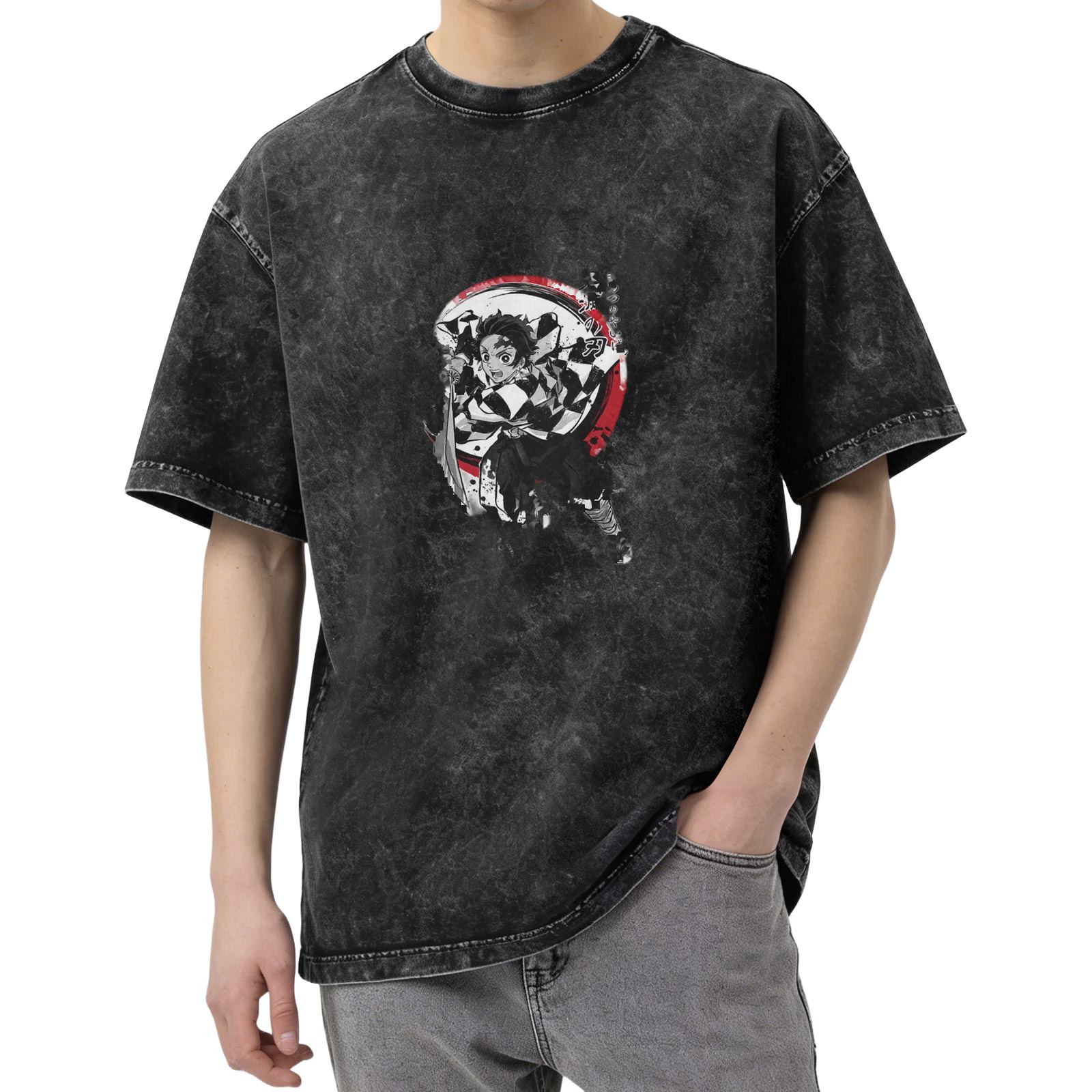 Demon Slayer: Kimetsu no Yaiba Tanjiro themed distressed washed black short-sleeved T-shirt