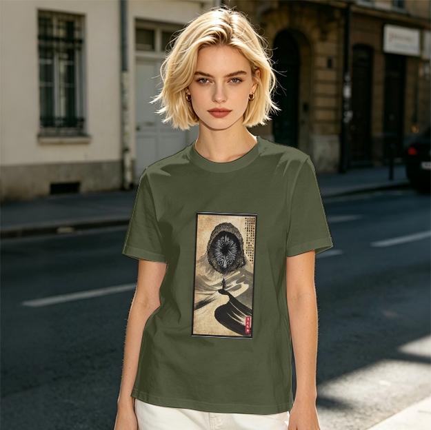 Olive T-Shirt With Surreal Hooded Eye Artwork Print