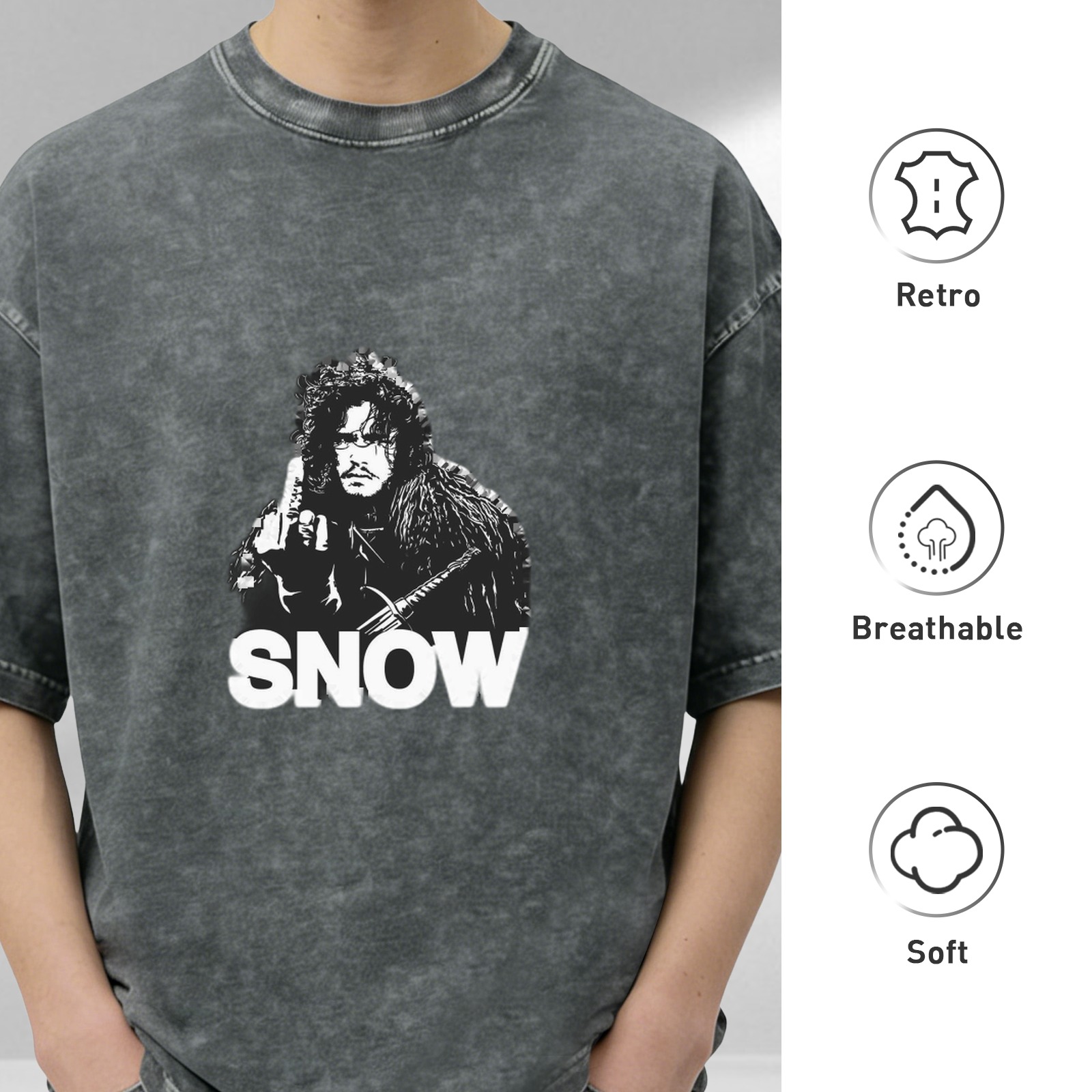 Oversized Stonewashed T-Shirt with Jon Snow Graphic Print