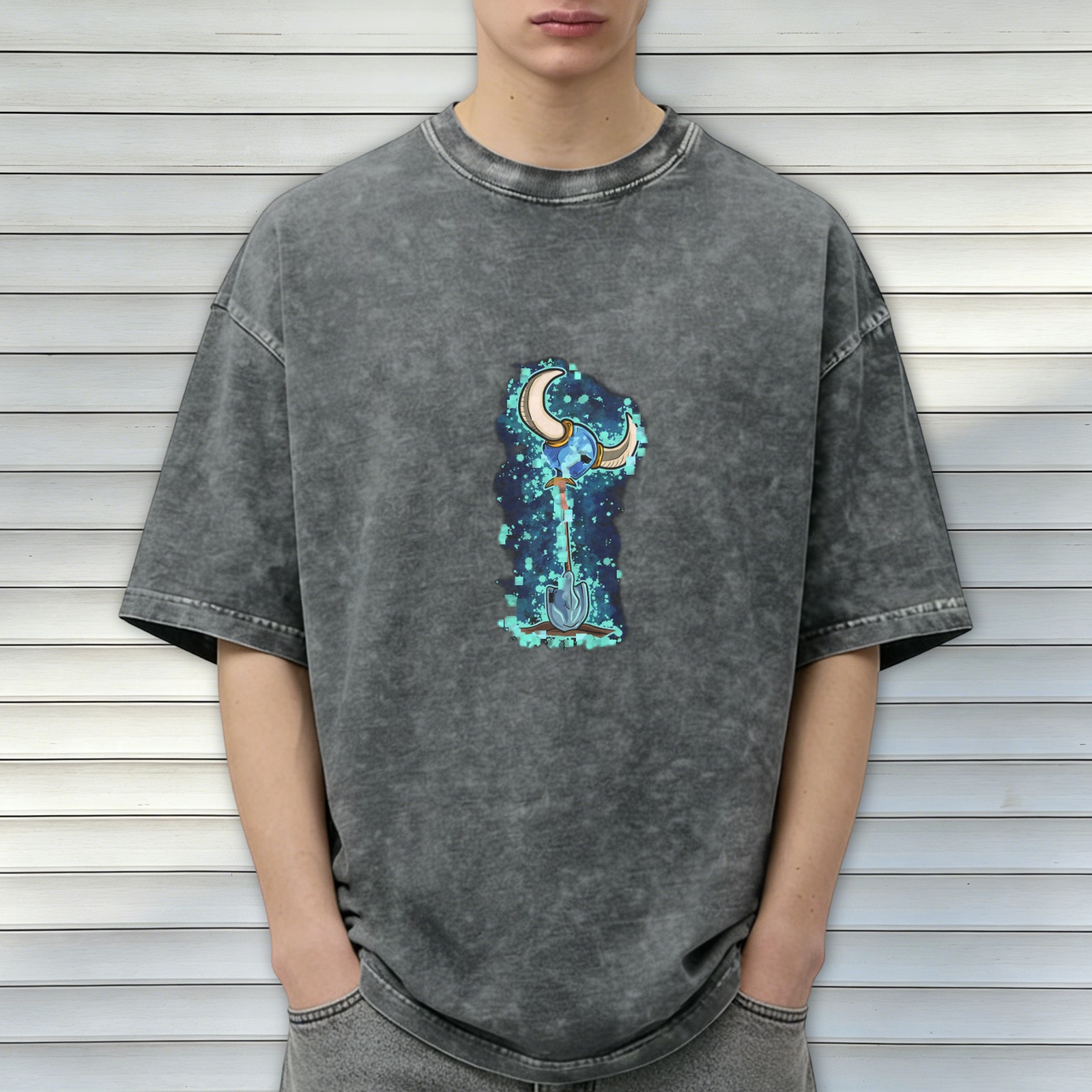 Washed Black Graphic T-Shirt with Shovel Knight Character Art