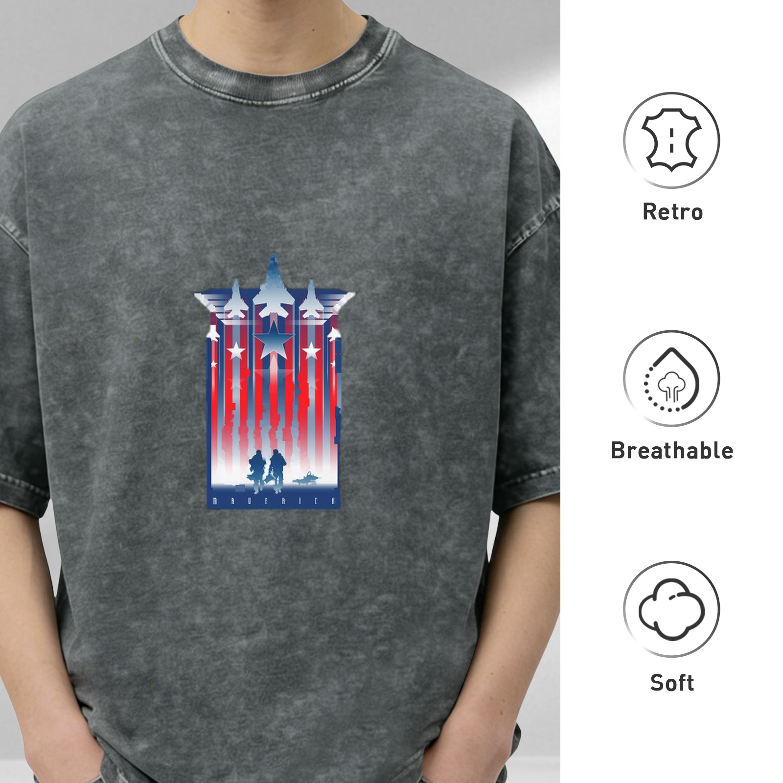 Oversized Black Acid Wash T-Shirt With Patriotic Military Jet And Soldier Graphic