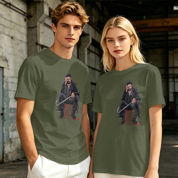 Olive T-shirt with seated bearded man holding crowbar graphic