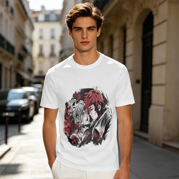 Olive T-Shirt with Anime Style Character Portrait Print