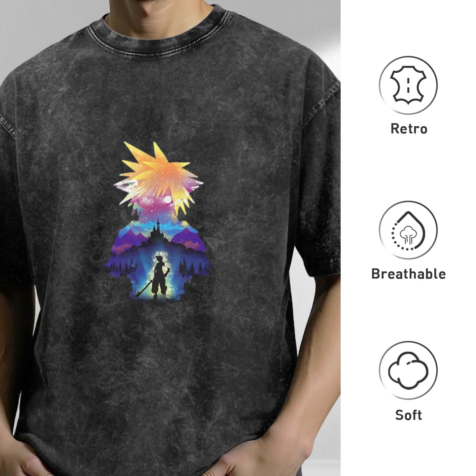 Final Fantasy themed distressed printed short-sleeved T-shirt
