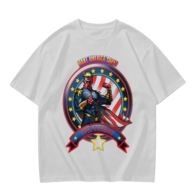 Olive t-shirt with patriotic superhero 'Make America Super' graphic