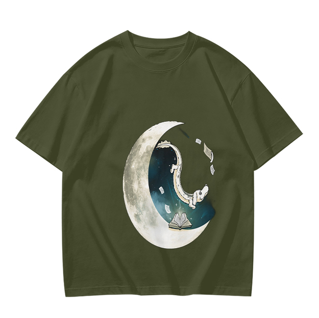 Olive T-shirt with Crescent Moon Galaxy Astronaut Graphic