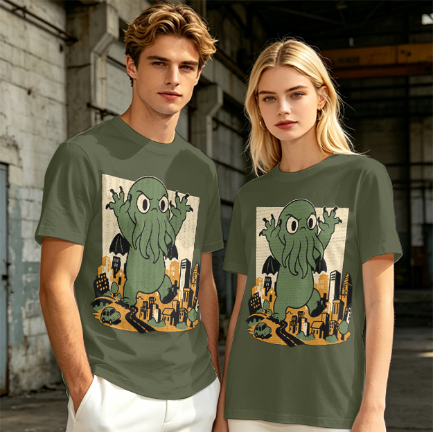 Olive T-shirt with cartoon Cthulhu monster destroying cityscape print