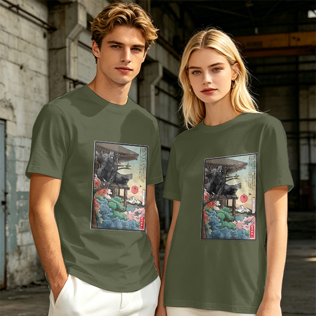 Olive T-Shirt with Ukiyo-e Style Samurai Warrior Print