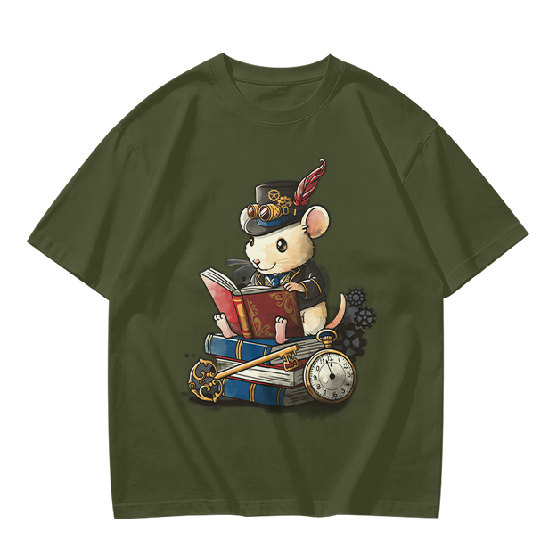 Steampunk mouse reading book graphic olive green t-shirt