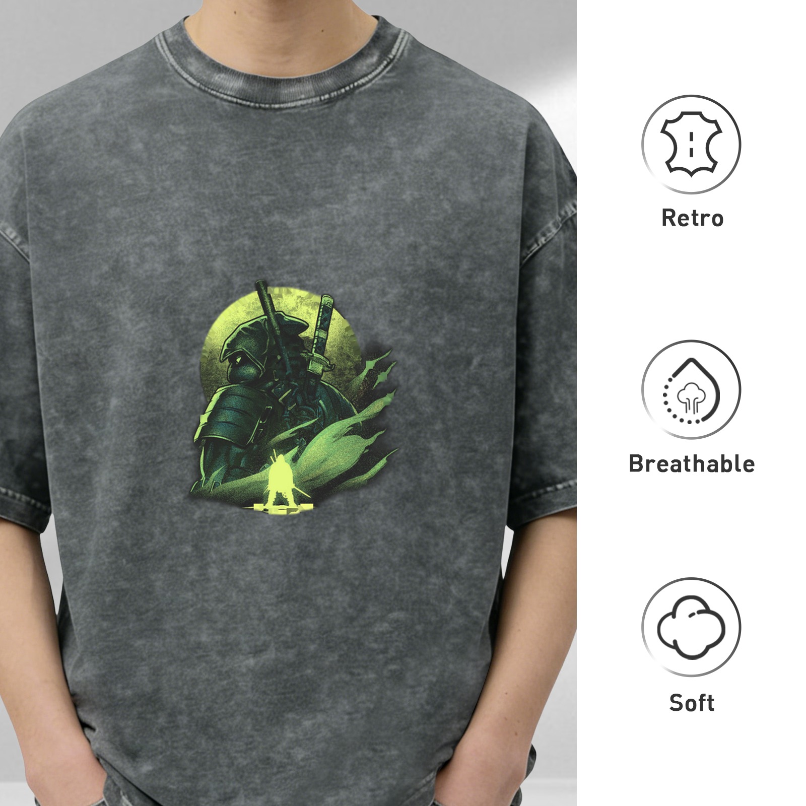 Oversized Acid Wash T-Shirt With Glowing Samurai Print