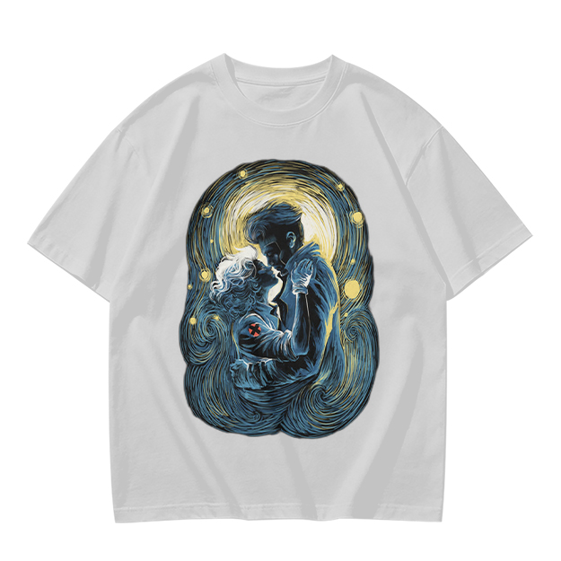 Olive T-Shirt With Starry Night Style Embracing Couple Art