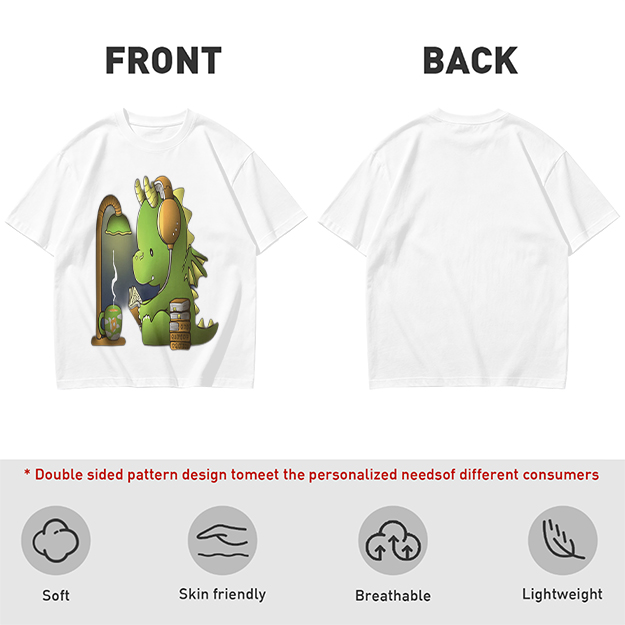 Olive T-Shirt with Cute Dragon Reading and Wearing Headphones