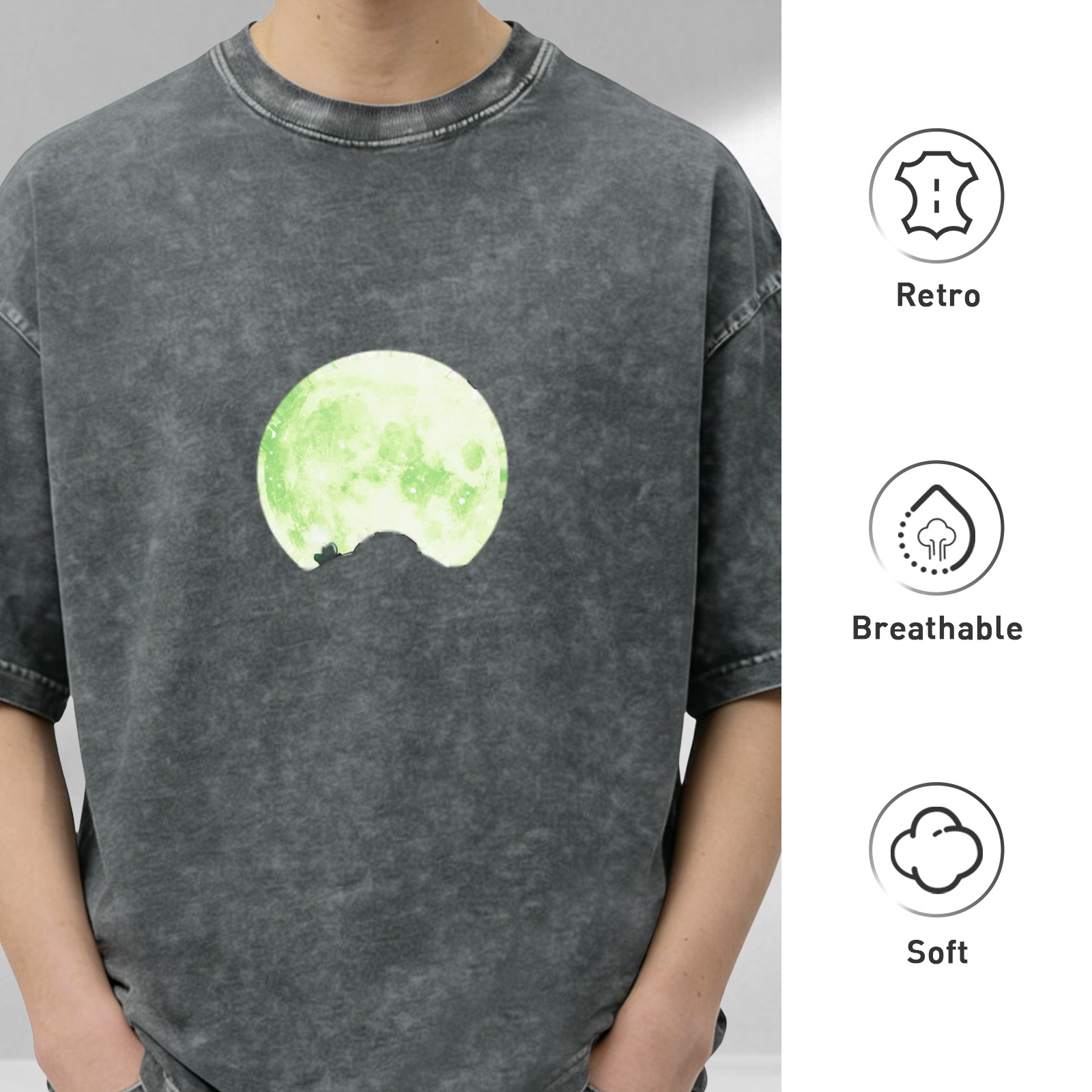 Oversized Acid Wash T-Shirt With Glowing Green Moon Print